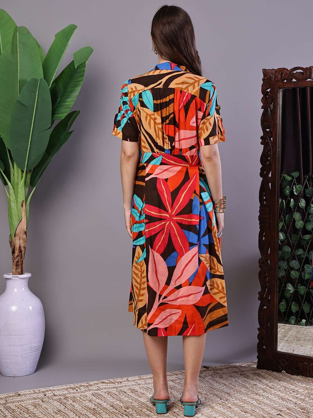 Women's Leaf Print Button-Down Cotton Midi Dress - Image 2