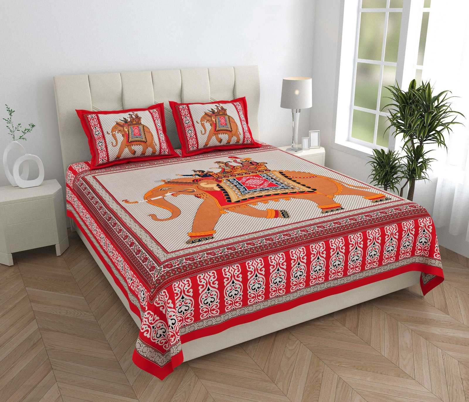 Rajasthani Traditionally Printed Cotton Doublebed Bedsheet With Pack of 2 Pillow Covers